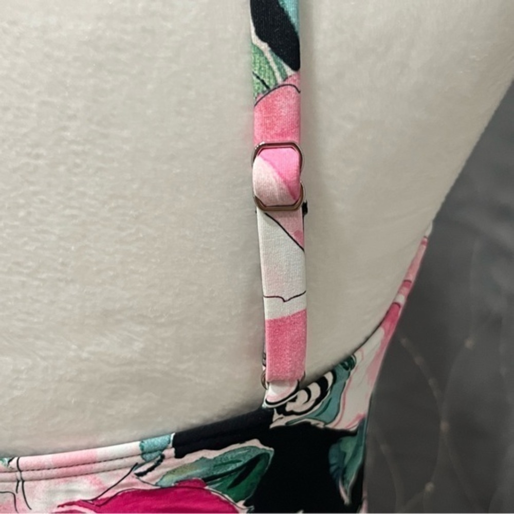 Carmen Marc Valvo Tankini Top Pink Floral Ruched Tie Side Corded Hem $110 C2H268 - Picture 8 of 16